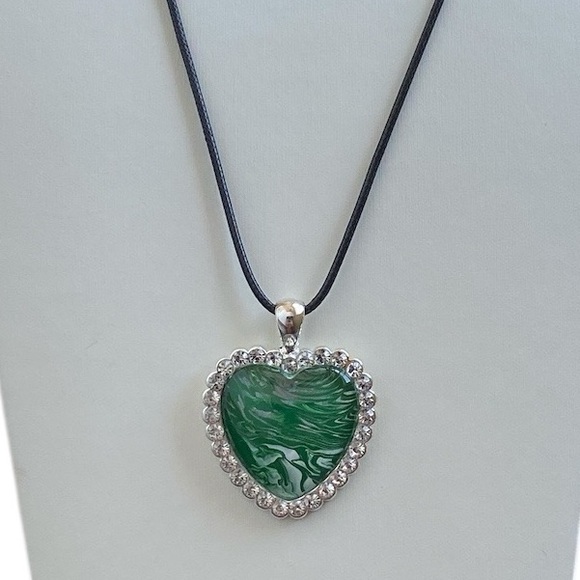 Handmade Green Heart Fluid Art Necklace with Rhinestone Border on Black Cord - Picture 4 of 15